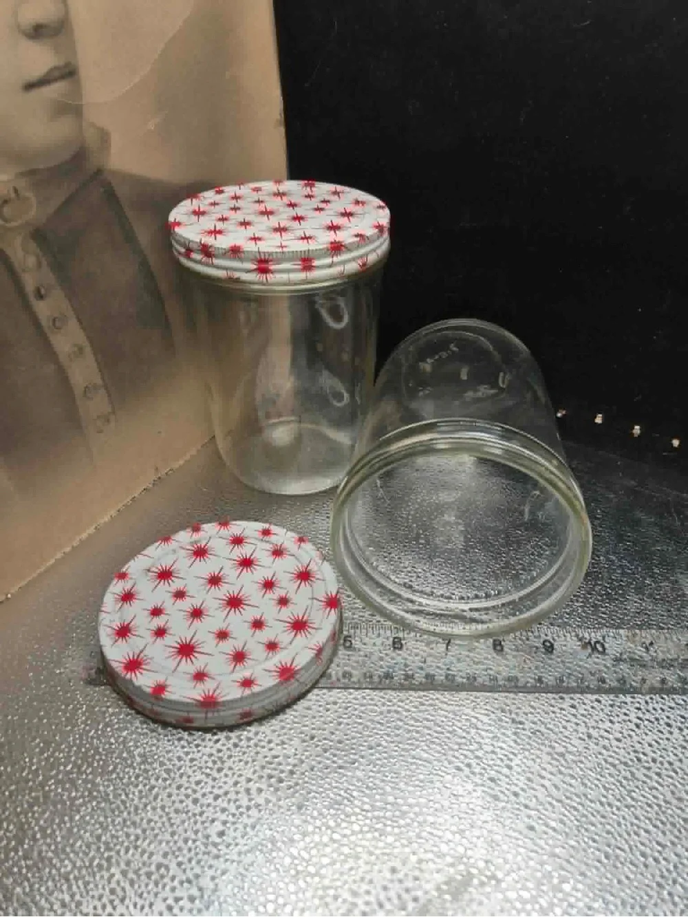 Retro Vintage Canning Jar Set - 2 MCM BALL Jars with Red Atomic Starburst Lids